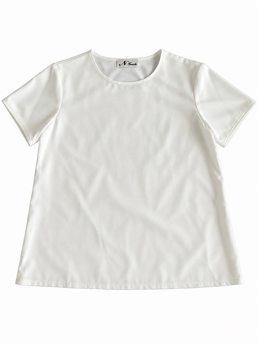 N Touch Women’s Large Ivory Satin Short Sleeve Blouse Crew Neck Top